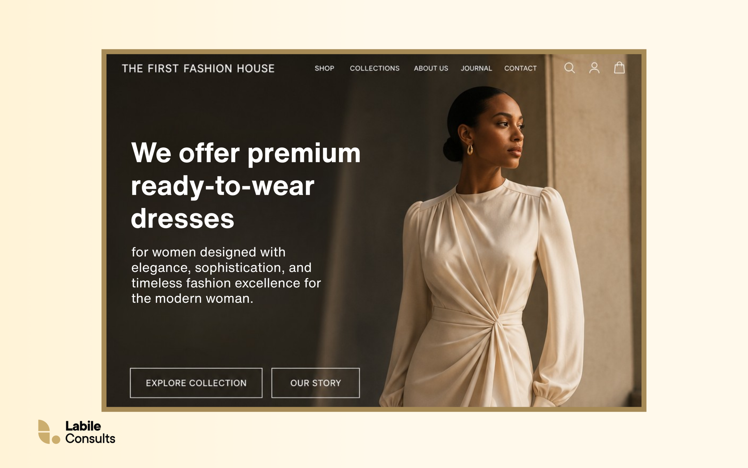 Example of a fashion house homepage using generic SEO copy for ready-to-wear dresses for women.