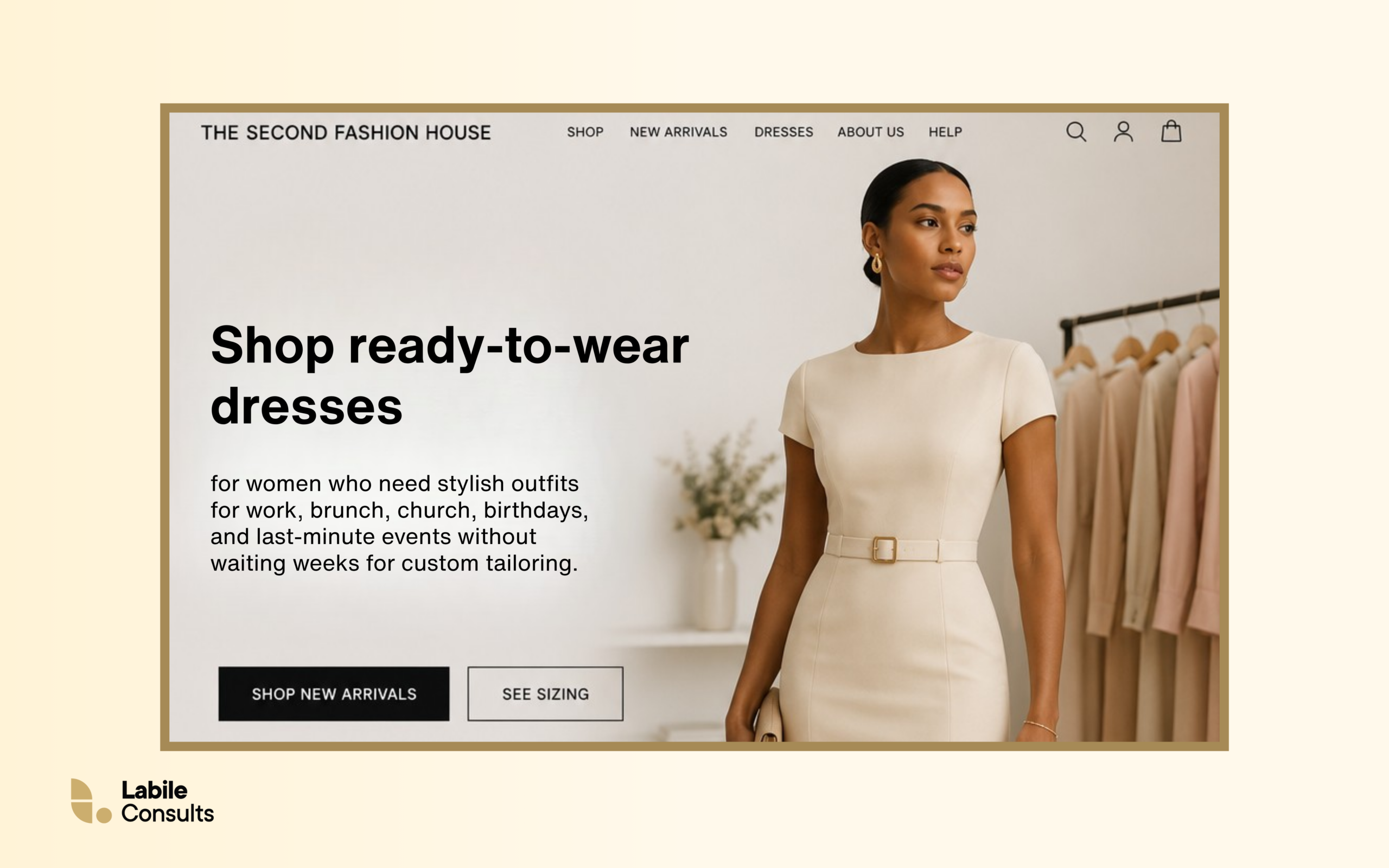 Example of a fashion website using customer-focused SEO copy for ready-to-wear dresses for women.
