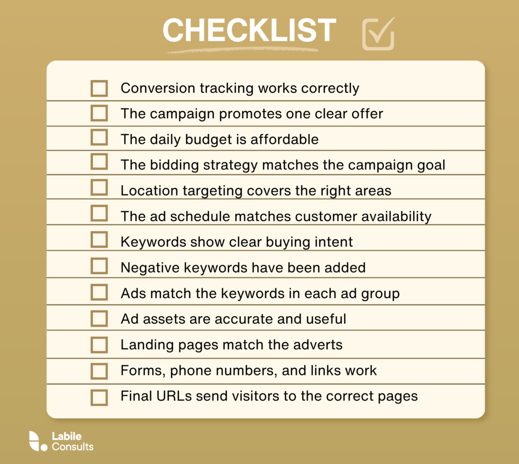 Google Ads pre-launch campaign checklist.